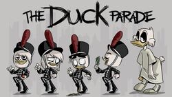  16:9 2019 anatid anseriform anthro avian bird black_eyebrows clothed clothing della_duck disney donald_duck duck ducktales ducktales_(2017) emo eyebrows female fethry_duck gladstone_gander grey_background group hat headgear headwear khionyohannmendoza male marching my_chemical_romance scrooge_mcduck simple_background text the_black_parade uniform widescreen 