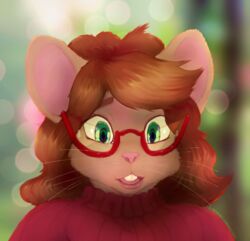  2019 anthro brown_body brown_fur brown_hair buckteeth bust_portrait clothing eyewear female fur glasses green_eyes hair mammal margaret_de_campos mewmus mice_tea mouse murid murine open_mouth pink_nose portrait red_clothing red_eyewear red_glasses red_sweater red_topwear rodent solo sweater teeth topwear whiskers 