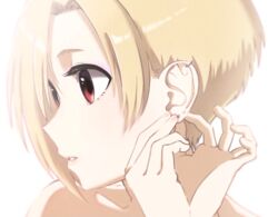  adjusting_earrings bare_shoulders blonde_hair collarbone ear_piercing earrings female hands_up idolmaster idolmaster_cinderella_girls jewelry looking_away looking_to_the_side parted_lips piercing portrait putting_on_earrings red_eyes shirasaka_koume short_hair simple_background solo vivid_(key) white_background 