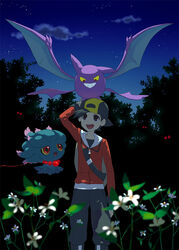  2009 ambiguous_gender backpack backwards_baseball_cap backwards_hat baseball_cap bat black_bottomwear black_cap black_clothing black_hair black_pants black_shirt black_topwear bottomwear brown_eyes clothing crobat detailed_background ethan_(pokemon) floating flower forest generation_2_pokemon ghost glowing glowing_eyes group hair hat headgear headwear hoodie human ilex_forest kaku_mui male mammal misdreavus night nintendo open_mouth open_smile pants plant pokemon pokemon_(species) raised_arm red_clothing red_eyes red_hoodie red_topwear shirt sky smile spirit standing star starry_sky teeth tongue topwear tree yellow_sclera 