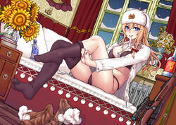  alcohol bed black_bra black_panties black_pantyhose blonde_hair blue_eyes bolt_action boots bottle bra breasts brown_footwear clothes_pull curtains daisy dutch_angle emblem feet female flower full_body fur-trimmed_boots fur_hat fur_trim girls&#039;_frontline glove_in_mouth gloves gun hat indoors large_breasts lingerie liquor long_hair messy_hair mosin-nagant mosin-nagant_(girls&#039;_frontline) mouth_hold no_pants no_shoes on_bed open_clothes open_shirt panties pantyhose pantyhose_pull pillow radiator red_star rifle scope sitting snow soles solo star_(symbol) sunflower toes underwear unworn_boots unworn_gloves ushanka vase wall_lamp weapon white_gloves window z.s.w. 