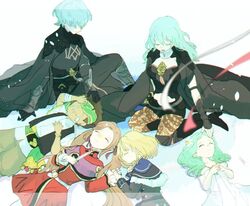  3boys 3girls aged_down alternate_hair_color armor black_gloves blonde_hair bracelet brown_hair byleth_(female)_(fire_emblem) byleth_(fire_emblem) byleth_(male)_(fire_emblem) claude_von_riegan closed_eyes closed_mouth crying dagger dark-skinned_male dark_skin dimitri_alexandre_blaiddyd dress edelgard_von_hresvelg enlightened_byleth_(female) enlightened_byleth_(male) fire_emblem fire_emblem:_three_houses flower fur_trim gloves green_hair hair_flower hair_ornament hair_ribbon high_heels holding holding_dagger holding_hands holding_knife holding_weapon jewelry knife long_sleeves lying multiple_boys multiple_girls on_back on_side pantyhose pointy_ears rhea_(fire_emblem) ribbon sasaki_(dkenpisss) short_hair sitting twintails weapon white_dress 