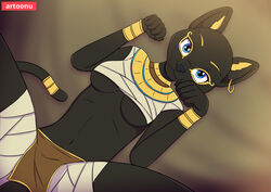  2021 accessory anthro artoonu bald belly black_body black_fur blue_eyes breasts clothed clothing dark_body dark_skin digital_media_(artwork) domestic_cat ear_piercing ear_ring egyptian egyptian_clothing felid feline felis female fur hi_res looking_at_viewer lying mammal medium_breasts navel on_back piercing ring_piercing solo spread_legs spreading under_boob 