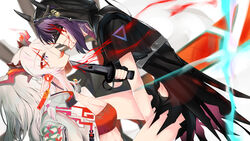  2girls arknights aura bare_arms bare_legs belt belt_buckle between_legs black_coat black_dress black_gloves black_hood black_horns black_shorts blade_to_throat blindfold blood blood_on_face blood_on_knife blood_on_weapon blood_splatter braid breasts buckle chinese_commentary cleavage clothing_cutout coat commentary covered_eyes cowboy_shot demon_horns dragon_girl dragon_horns dragon_print dress duel earrings eyes_visible_through_hair eyeshadow face-to-face facing_another fingerless_gloves flirting from_side frown gloves hair_ribbon hand_between_legs hand_up highres holding holding_knife holding_weapon hood hood_up hooded_coat horns horns_through_hood jacket jewelry knife lava_(arknights) lava_the_purgatory_(arknights) leather leather_jacket leather_mask long_bangs long_hair long_neck looking_at_another makeup mask medium_breasts medium_hair midriff multicolored_hair multiple_girls navel_cutout nian_(arknights) oerba_yun_fang official_alternate_costume open_clothes open_jacket open_mouth parted_lips pink_ribbon pointy_ears pointy_nose ponytail purple_coat purple_eyes purple_hair red_eyeshadow red_hair red_horns red_tube_top ribbon short_shorts short_sleeves shorts side_braid sidelocks smile strapless streaked_hair taunting tongue tongue_out tube_top tudili upper_body weapon white_background white_hair white_jacket yuri 