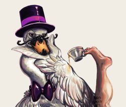  anatid anoroth anseriform anserinae avian beak beverage bird bow_tie clothing eyewear feathers feral guenther hat headgear headwear legs_up male monocle mute_swan pondering solo swan tea teeth thinking top_hat 