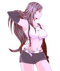  belt breasts brown_hair chiru_(sanifani) cowboy_shot crop_top female final_fantasy final_fantasy_vii gloves hand_in_own_hair large_breasts long_hair low-tied_long_hair midriff miniskirt navel parted_bangs parted_lips red_eyes shirt skirt solo suspender_skirt suspenders thighs tifa_lockhart white_background white_shirt 