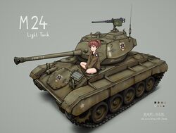  alisa_(girls_und_panzer) brown_hair browning_m2 caterpillar_tracks emblem female girls_und_panzer grey_background gun heavy_machine_gun m24_chaffee machine_gun military military_vehicle motor_vehicle saunders_(emblem) saunders_military_uniform tank twintails weapon zap-nik 