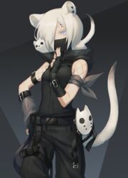  animal animal_ears arknights asuda bare_shoulders black_gloves black_pants commentary cowboy_shot ermine female fingerless_gloves fishnets gloves grey_background grey_eyes hair_over_one_eye hand_up highres mask mouth_mask ninja ninja_mask pants shirayuki_(arknights) short_hair standing stoat_girl tail weasel weasel_ears weasel_girl weasel_tail white_hair 