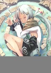  barefoot feathers feet inaba_taiju ponytail silver_hair sleeping water 