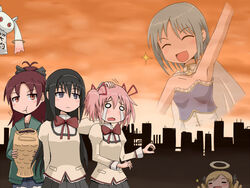  5girls :3 :t akemi_homura armpits bad_id bad_pixiv_id black_hair blonde_hair blue_hair bow cape food hairbow halo kaname_madoka kyuubee long_hair magical_girl mahou_shoujo_madoka_magica mahou_shoujo_madoka_magica_(anime) miki_sayaka miki_sayaka_(magical_girl) mitakihara_school_uniform multiple_girls neri_gozu o_o pink_hair ponytail projected_inset purple_eyes red_eyes red_hair sakura_kyoko school_uniform short_twintails spoilers strapless taiyaki tears tomoe_mami twintails wagashi wavy_mouth white_cape 