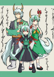  1boy 2girls adapted_costume alternate_color bow commentary_request dress ex-keine family green_dress green_hair hands_on_own_hips head_wings horn_bow horn_ornament horns kamishirasawa_keine long_hair morichika_rinnosuke multicolored_hair multiple_girls oerba_yun_fang red_eyes scroll short_hair single_head_wing smile streaked_hair tail tokiko_(touhou) touhou tsukimi_(ryouiki_ridatsu) two-tone_hair white_hair wings 