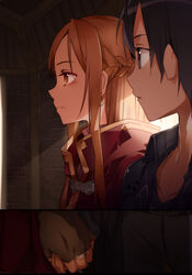  1boy absurdres asuna_(sao) bad_id bad_pixiv_id black_eyes black_hair brown_eyes brown_gloves brown_hair bunbun collarbone colorized day female fingerless_gloves from_side gloves highres holding_hands indoors kirito long_hair novel_illustration official_art photoshop_(medium) sword_art_online sword_art_online_progressive yoru_kiri 