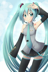  aqua_eyes aqua_hair arm_up commentary_request detached_sleeves female hatsune_miku headset highres kadomaki_shinnosuke long_hair necktie partial_commentary skirt sleeves_past_wrists smile solo thighhighs twintails very_long_hair vocaloid 