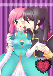  1boy alternate_costume bad_id bad_pixiv_id black_hair blush breasts character_name cleavage cleavage_cutout closed_eyes clothing_cutout copyright_name dress earrings estellise_sidos_heurassein female green_eyes highres jewelry long_hair medium_breasts mika_mikan official_alternate_costume one_eye_closed photoshop_(medium) ponytail tales_of_(series) tales_of_vesperia yuri_lowell yuri_lowell_(true_knight) 