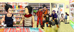  akira akira_(akira) crossover dragon_ball dragon_ball everyone frieza future_trunks groceries highres kai_(akira) kaneda_shoutarou kaori_(akira) parody shima_tetsuo shop shoutarou_kaneda son_goku son_gokuu store vegeta 