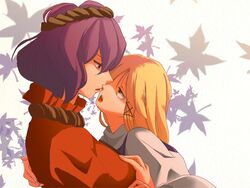  2girls bad_id bad_pixiv_id blonde_hair eye_contact kiitos12 leaf looking_at_another maple_leaf moriya_suwako multiple_girls no_headwear open_mouth purple_hair red_eyes touhou upper_body yasaka_kanako yellow_eyes yuri 