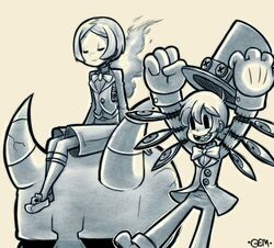  2boys ahoge artist_name bloody_marie_(skullgirls) bow bowtie butler closed_eyes eyes formal gem_(antiskullheart08) gias-ex-machella gloves grin hair_ornament happy hat mechanical_arms monochrome multiple_boys open_mouth peacock_(skullgirls) rule_63 short_hair shorts simple_background sitting skull skullgirls smile standing suit teeth top_hat 