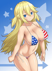  american_flag american_flag_bikini american_flag_print bikini blonde_hair blue_eyes breasts commentary_request female flag_print large_breasts long_hair onomeshin original photoshop_(medium) print_bikini solo swimsuit two_side_up 