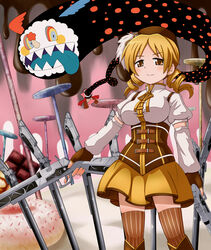  beret blonde_hair blush boots brown_legwear charlotte_(madoka_magica) commentary_request corset detached_sleeves doughnut drill_hair dual_wielding female fingerless_gloves food gloves gun hair_ornament hairpin hat highres holding magical_girl magical_musket mahou_shoujo_madoka_magica mahou_shoujo_madoka_magica_(anime) multiple_weapons planted_gun pleated_skirt puffy_sleeves ribbon rifle sen-asanagi skirt smile striped_clothes striped_thighhighs thighhighs tomoe_mami tomoe_mami_(magical_girl) twin_drills twintails vertical-striped_clothes vertical-striped_thighhighs weapon witch&#039;s_labyrinth zettai_ryouiki 