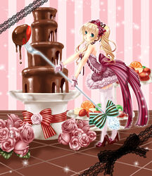  bare_shoulders blonde_hair cake chocolate chocolate_fountain chocolate_strawberry commentary_request dress female floor flower food fork frilled_dress frills fruit garter_straps gloves green_eyes hair_ribbon high_heels holding holding_fork kiwi_(fruit) kiwi_slice long_hair mini_person minigirl orange_(fruit) original oversized_object pink_flower pink_rose ponytail ribbon rose sarasa-sasa shoes solo standing strawberry thighhighs white_thighhighs 