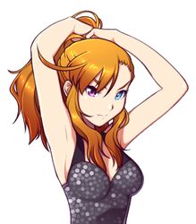  ahoge armpits arms_up bare_shoulders blue_eyes breasts cleavage commentary_request female hands_in_hair heterochromia idolmaster idolmaster_(classic) idolmaster_one_for_all leon_(idolmaster) long_hair looking_at_viewer medium_breasts orange_hair ponytail purple_eyes sat_(yukipoha) sideboob simple_background solo tank_top tying_hair upper_body white_background 