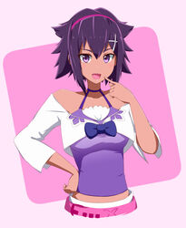  :d acchi_(koiyimknp) bare_shoulders bow commentary_request digimon digimon_world_-next_0rder- female hair_between_eyes hair_ornament hairband halterneck hand_on_own_hip highres looking_at_viewer midriff oerba_yun_fang off-shoulder_shirt off_shoulder oofuchi_himari open_mouth pointing pointing_at_self purple_eyes purple_hair purple_shirt shirt short_hair smile spiked_hair x_hair_ornament 