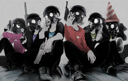  6+boys aiming aiming_at_viewer asarai bad_id bad_pixiv_id belt black_hair black_jacket black_pants bracelet brothers bucket chain_necklace chains collarbone copyright_name cross-laced_footwear dual_wielding finger_on_trigger gas_mask gun handgun hands_up highres holding holding_gun holding_weapon jacket jewelry long_sleeves male_focus mask matsuno_choromatsu matsuno_ichimatsu matsuno_jyushimatsu matsuno_karamatsu matsuno_osomatsu matsuno_todomatsu multiple_boys necklace object_on_head osomatsu-kun osomatsu-san osomatsu_(series) pants rifle sextuplets shirt shoes siblings sitting sleeves_past_wrists sneakers spot_color t-shirt traffic_cone traffic_cone_on_head trigger_discipline weapon 