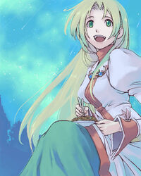  :d blonde_hair cecilia_lynne_adelhyde chopsticks comet commentary_request dress female furuu green_eyes happy jewelry juliet_sleeves long_hair long_sleeves lowres night oekaki open_mouth plate puffy_sleeves sky smile solo star_(symbol) wild_arms wild_arms_1 yakisoba 