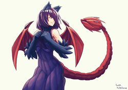  animal_ears animal_hands bare_shoulders clenched_hands commentary dated dress female fur hair_over_one_eye light_smile long_hair looking_to_the_side low_twintails lutherniel manticore_(monster_girl_encyclopedia) monster_girl monster_girl_encyclopedia prehensile_tail purple_hair red_wings reri_(elh) ribbed_dress signature simple_background sleeveless sleeveless_dress solo tail tail_raised twintails white_background wings yellow_eyes 