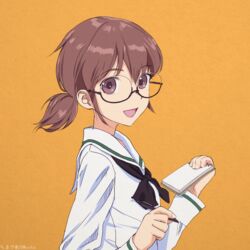  akagi_(fmttps) artist_name bad_id bad_twitter_id black-framed_eyewear brown_eyes brown_hair girls_und_panzer glasses notepad ooarai_school_uniform ou_taiga pen semi-rimless_eyewear short_ponytail solo twitter_username under-rim_eyewear yellow_background 