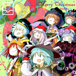  2015 6+others ajirogasa androgynous antennae aqua_hair azuma_kaisen blue_hair brown_hair christmas cine_hamal commentary_request detached_sleeves extra_eyes frilled_hat frills gloves hair_ornament hat highres japanese_clothes kesa_kujiru kimono kuzu_suzumi len&#039;en light_purple_hair mirror mitsumo moritake_medias multiple_others ooya_kunimitsu other_focus photoshop_(medium) possessed red_hair santa_hat shirami_souko short_hair shouyoukyou slug smile tadpole tadpole_hat terumi_(len&#039;en) traditional_youkai turban turtleneck wei_li 