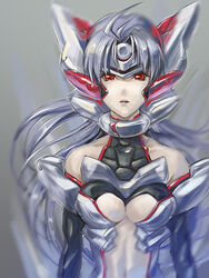  alternate_costume blue_hair breasts cleavage commentary_request female highres konta kos-mos medium_breasts photoshop_(medium) red_eyes robot solo xenosaga 