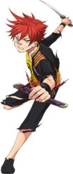  1boy aizen_kunitoshi bandaid bandaid_on_face bandaid_on_nose clenched_teeth full_body male_focus official_art red_hair sako_misaki sheath short_sword solo sword tantou teeth tongue tongue_out torn_clothes touken_ranbu transparent_background weapon 