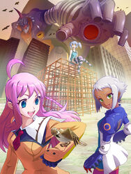  3girls ahoge bird blue_eyes braid city commentary_request cross-shaped_pupils dark-skinned_female dark_skin dix-neuf gloves green_eyes hands highres jacket jungle_gym lal&#039;c_mellk_mal long_hair mecha multiple_girls name_connection nono_(top_wo_nerae_2!) photoshop_(medium) pink_hair pochi_(hiroe_keisuke) purple_hair robot short_hair sitting smile striped_clothes striped_thighhighs super_robot symbol-shaped_pupils thighhighs top_wo_nerae_2! twintails tycho_science white_hair yellow_eyes 