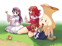  1boy 2girls book brown_eyes brown_hair culotte dress eclair_(la_pucelle) eringya_(marl_kingdom) everyone green_eyes happy headdress la_pucelle legs lolicon lying marl_kingdom monster multiple_girls mushroom official_art pink_hair prier purple_hair reading red_eyes red_hair ribbon ryoji_(nomura_ryouji) sitting smile thick_thighs thighs 