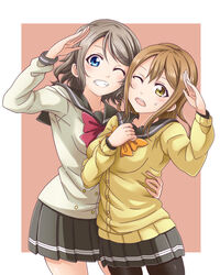  2girls arm_around_back black_skirt blue_eyes border bow bowtie brown_eyes brown_hair buttons commentary_request cowboy_shot double-breasted grey_hair grin kunikida_hanamaru long_hair long_sleeves looking_at_viewer love_live! love_live!_sunshine!! miniskirt multiple_girls one_eye_closed open_mouth outside_border pantyhose pleated_skirt red_background red_bow red_bowtie salute school_uniform serafuku seven_(11) short_hair simple_background skirt smile sweatdrop uranohoshi_school_uniform watanabe_you wavy_mouth white_border yellow_bow yellow_bowtie 