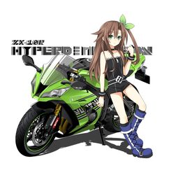  bare_shoulders bow brown_hair commentary_request female green_eyes hair_ornament hairbow highres if_(neptunia) long_hair looking_at_viewer motor_vehicle motorcycle neptune_(series) ribbon solo zero_(ray_0805) 