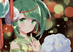  absurdres artist_name blush choukai_(mod)_(warship_girls_r) choukai_(warship_girls_r) closed_mouth commentary_request cotton_candy dated detached_sleeves female green_eyes green_hair green_shirt highres index_finger_raised lizi looking_at_viewer mask mask_on_head portrait sailor_collar shirt side_ponytail signature smile solo warship_girls_r 