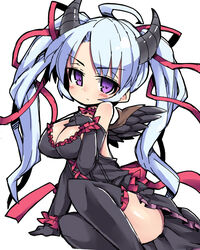  ahoge arm_support black_dress black_legwear black_wings blue_hair breasts cleavage commentary_request dress feathered_wings female hair_ribbon horns large_breasts long_hair looking_at_viewer mini_wings miruno_(sennen_sensou_aigis) nemui_(nemui) purple_eyes red_ribbon ribbon sennen_sensou_aigis simple_background sitting thighhighs thighs white_background wings yokozuwari 