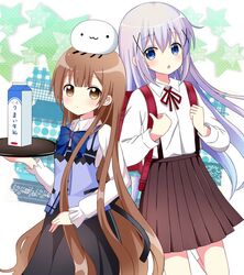  2girls :3 :o backpack bad_id bad_twitter_id bag black_skirt blue_bow blue_bowtie blue_eyes blue_vest blunt_bangs blush bow bowtie brown_eyes brown_hair brown_skirt collared_shirt commentary cosplay costume_switch cowboy_shot flat_chest gochuumon_wa_usagi_desu_ka? hair_between_eyes hair_ornament hairclip holding holding_strap holding_tray kafuu_chino kafuu_chino_(cosplay) kneehighs light_purple_hair long_hair long_sleeves looking_at_viewer milk_carton multicolored_background multiple_girls namori_(character) on_head oomuro_hanako oomuro_hanako_(cosplay) open_mouth parted_lips pleated_skirt rabbit_house_uniform randoseru ryoutan school_uniform shirt sidelocks skirt socks standing standing_on_one_leg star_(symbol) suspender_skirt suspenders tray very_long_hair vest white_legwear white_shirt wing_collar x_hair_ornament yuru_yuri 