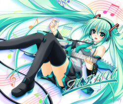  aoi_hiro blush character_name commentary_request detached_sleeves electric_guitar female green_eyes green_hair guitar hatsune_miku headset instrument long_hair musical_note nail_polish necktie open_mouth photoshop_(medium) plectrum skirt smile solo thighhighs twintails very_long_hair vocaloid 