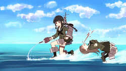  2girls black_hair blood blush braid brown_hair cloud cloudy_sky commentary_request day female_pervert kantai_collection kitakami_(kancolle) kneehighs korisei loafers long_hair mecha_musume meme multiple_girls no_eyes nosebleed ooi_(kancolle) outdoors peeping pervert school_uniform serafuku shoes skirt sky socks trembling upskirt water waterskiing_(meme) yuri 