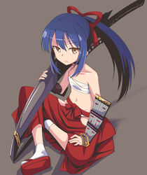  armor bare_shoulders blue_hair brown_eyes bushidou_(sekaiju) bushidou_2_(sekaiju) chest_sarashi commentary_request crossed_legs dan_(orange_train) female flat_chest frown hakama hakama_skirt huge_weapon indian_style japanese_clothes katana long_hair looking_at_viewer midriff ponytail red_hakama sarashi sekaiju_no_meikyuu sekaiju_no_meikyuu_1 sitting skirt solo sword weapon 