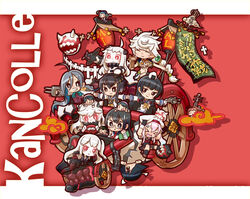  &gt;_&lt; 6+girls :&lt; :3 abyssal_ship ahoge aircraft aircraft_carrier_oni airplane black_eyes black_hair blonde_hair blue_eyes blue_hair braid brown_eyes brown_hair chains chaki_(teasets) chibi chibi_on_head cleavage_cutout closed_eyes clothing_cutout colored_skin commentary_request fairy_(kancolle) flag fleet_command_facility food glasses gradient_hair green_hair grin hair_over_one_eye hairband harusame_(kancolle) hayashimo_(kancolle) highres holding_hands horns isonami_(kancolle) kantai_collection kiyoshimo_(kancolle) machinery midriff midway_princess mittens multicolored_hair multiple_girls navel northern_ocean_princess on_head one_side_up onigiri ooyodo_(kancolle) open_mouth pale_skin photoshop_(medium) red_eyes skilled_carrier-based_aircraft_maintenance_personnel smile sweatdrop tokitsukaze_(kancolle) turret type_13_air_radar_kai unryuu_(kancolle) wacky_races white_hair white_skin wrench 