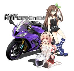  2girls bare_shoulders blonde_hair bow breasts brown_hair commentary_request compa green_eyes hair_ornament hairbow highres if_(neptunia) long_hair looking_at_viewer medium_breasts motor_vehicle motorcycle multiple_girls neptune_(series) ribbon smile zero_(ray_0805) 