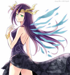  alternate_costume back bad_id bad_pixiv_id bangle bare_shoulders bracelet chisa dated dress energy_wings female floral_print genderswap_(mtf) green_eyes halterneck headpiece jewelry light_particles light_smile loki_(p&amp;d) long_hair looking_back purple_dress purple_hair puzzle_&amp;_dragons rule_63 simple_background sleeveless sleeveless_dress solo twitter_username very_long_hair white_background wings 