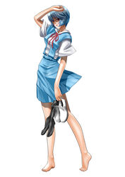  arm_up ayanami_rei barefoot black_socks blue_hair blue_skirt commentary_request feet female full_body highres holding holding_shoes neon_genesis_evangelion open_mouth red_eyes school_uniform shading_eyes shoes short_hair simple_background skirt socks solo unworn_shoes unworn_socks white_background yuusuke_(ziyasu) 