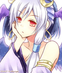  :&lt; armlet bad_id bad_pixiv_id bare_shoulders blue_hair breasts ceres_(p&amp;d) chisa cleavage collarbone crescent dated detached_sleeves earrings evil_ceres_(p&amp;d) female hair_ornament hair_tubes head_rest head_wings hoop_earrings jewelry long_hair long_sleeves medium_breasts multicolored_hair puzzle_&amp;_dragons red_eyes solo twitter_username two-tone_hair upper_body white_hair wings 