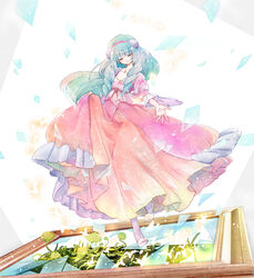  aqua_hair bad_id bad_pixiv_id broken_glass closed_eyes commentary_request dress dunya_mustashim female flower glass hair_ornament hairband jewelry long_hair magi_the_labyrinth_of_magic necklace omari photoshop_(medium) 