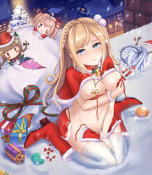  4girls :o ahoge anchor back bauxite between_legs blonde_hair blue_eyes blue_hair blunt_bangs blush_stickers boots bow bra braid breast_hold breasts brick brown_eyes brown_hair candy candy_cane capelet chains chibi chinese_commentary christmas christmas_lights christmas_ornaments christmas_tree christmas_wreath commentary_request covering_breasts covering_privates cross crown_braid door food fur_trim gingerbread_man gloves green_footwear green_gloves groin hair_ornament hair_ribbon hand_between_legs hat highres holly house jewelry lamp le_fantasque_(warship_girls_r) light long_hair looking_at_viewer loose_clothes loose_panties lying midriff multiple_girls navel on_stomach one_eye_closed one_side_up panties pendant pom_pom_(clothes) red_bra red_footwear red_hat red_panties red_skirt ribbon richelieu_(warship_girls_r) sack santa_costume santa_hat side-tie_panties sitting skirt skirt_tug snow snowing sparkle spill striped striped_bow striped_ribbon surcouf_(warship_girls_r) swept_bangs tears torn_sack tripping twin_braids twintails two-barred_cross underwear vauquelin_(warship_girls_r) wardrobe_malfunction wariza warship_girls_r wreath yuemanhuaikong 